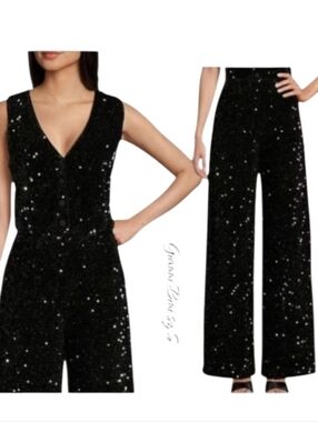 NWT Gianni Bini Black Sequin Vest Wide Leg Pant Set S